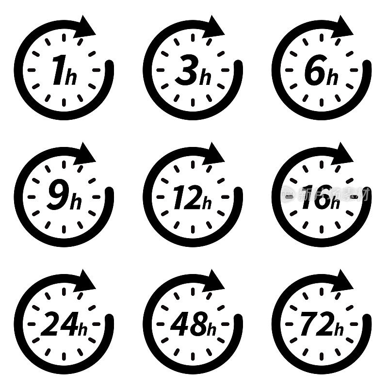 时钟箭头1 3 6 9 12 16 24 48 72小时。送货服务时间图标集